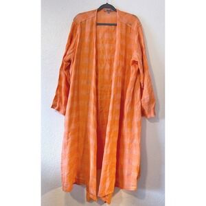 FLAX Lagenlook Orange Linen Duster SZ 1G Open Front Long Jacket Checkered